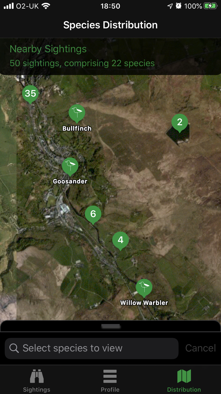 Map view of recent nearby sightings